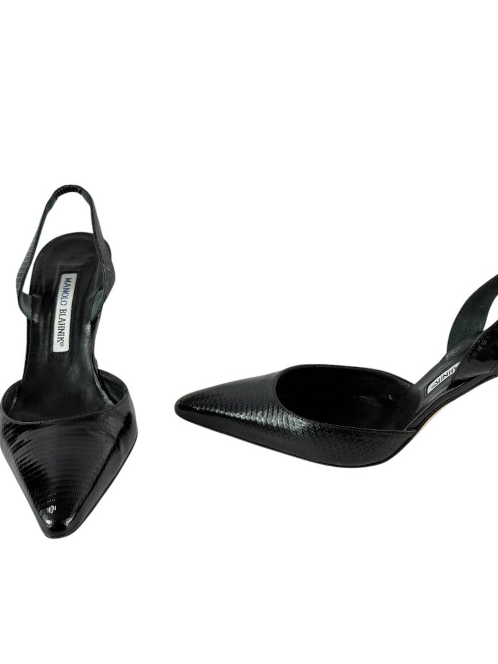 MANOLO BLAHNIK Black Lizard-Embossed Leather Carolyne Slingback Heels 37 - 7US